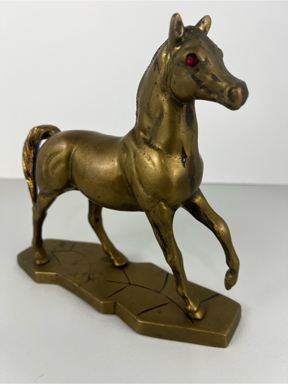 Vintage Solid Brass Horse Statue Red Rhinestone Eyes Mid Century Decor